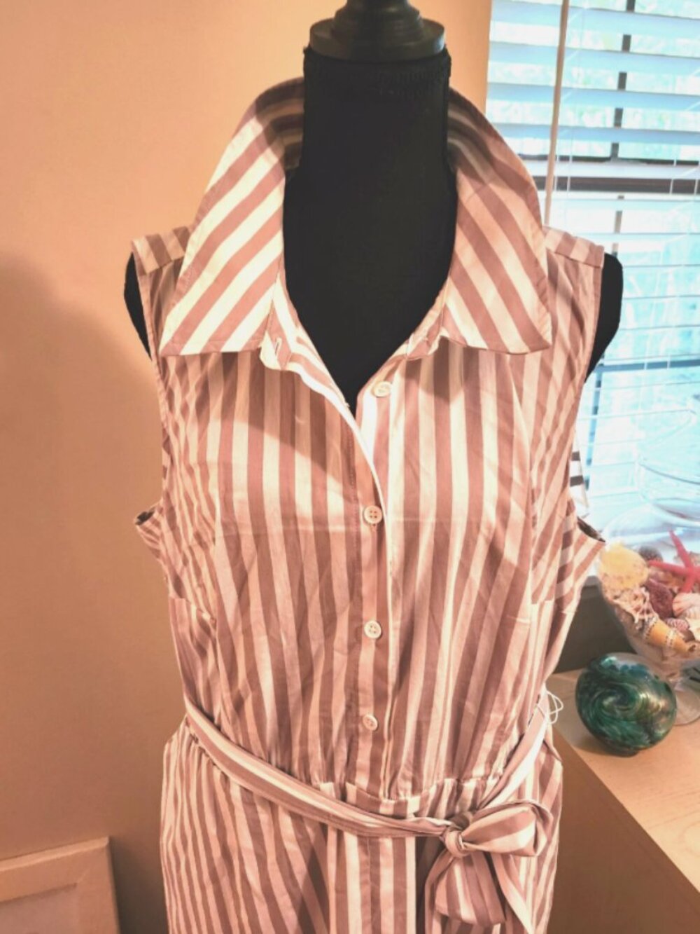 Torrid Collared Shirt Dress Tan White Belted Button Down Nautical Career Size 2